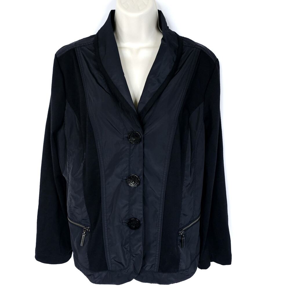 Chico's Black Mixed Media Jacket Button Front Zip Pockets Womens Large Chico's 2